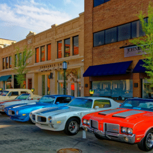 Line of polished classic cars and vintage convertibles cruising down Woodward Avenue during the annual Dream Cruise, with spectators watching from the sidewalk.