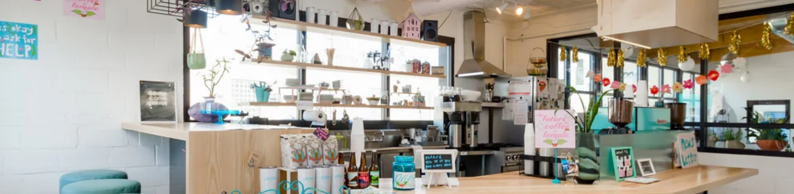 Bright and colorful interior of Drifter Coffee in Ferndale, Michigan featuring a cozy coffee bar with pastel stools, hanging plants, shelves of coffee goods, and a modern café counter serving specialty drinks.