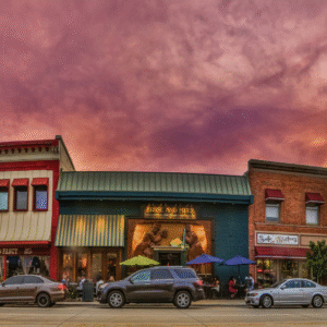 Shops and restaurants in downtown Rochester Hills at sunset