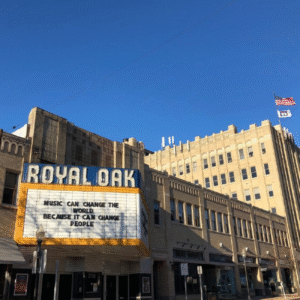 Royal Oak theater marquee and historic buildings