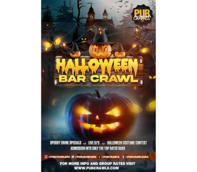 Halloween Bar Crawl Detroit event poster featuring glowing jack-o’-lanterns, haunted house, and neon text promoting spooky drink specials, live DJs, and a costume contest by PubCrawls.com.
