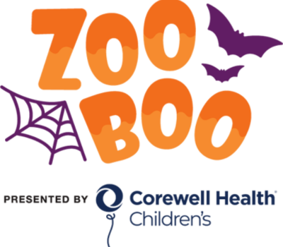 Zoo Boo at the Detroit Zoo logo featuring playful orange text with bats and a spider web, presented by Corewell Health Children’s.