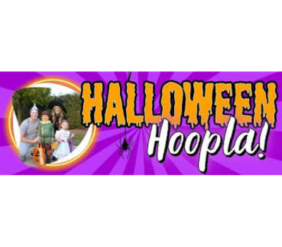 Halloween Hoopla event banner with a family in costumes and bold dripping orange text on a purple background featuring a hanging spider graphic.