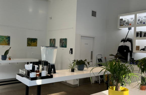 Minimalist interior of Madcap Coffee featuring a clean white coffee bar, modern shelving with coffee products, indoor plants, and a bright, airy café space with contemporary design.