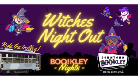 Witches Night Out event banner for Downtown Berkley’s BOO!kley Nights, featuring cartoon witches, bats, and a trolley on a purple background with glowing yellow text.