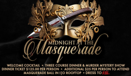 Midnight at the Masquerade event poster for The Godfrey Hotel Detroit featuring a gold masquerade mask with a bloody knife design, promoting a murder mystery dinner and rooftop ball.