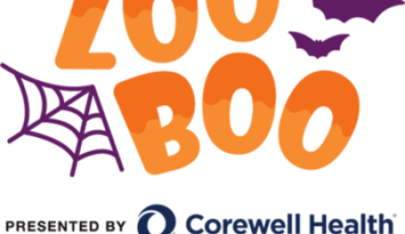 Zoo Boo at the Detroit Zoo logo featuring playful orange text with bats and a spider web, presented by Corewell Health Children’s.