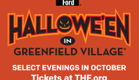 Hallowe’en in Greenfield Village event graphic featuring bold orange and black text with a jack-o’-lantern face, presented by Meijer and hosted by The Henry Ford Museum.