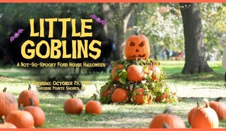 ChatGPT said: Little Goblins at Ford House event banner featuring jack-o’-lanterns stacked on grass in a sunny park, promoting a family-friendly Halloween in Grosse Pointe Shores, Michigan.